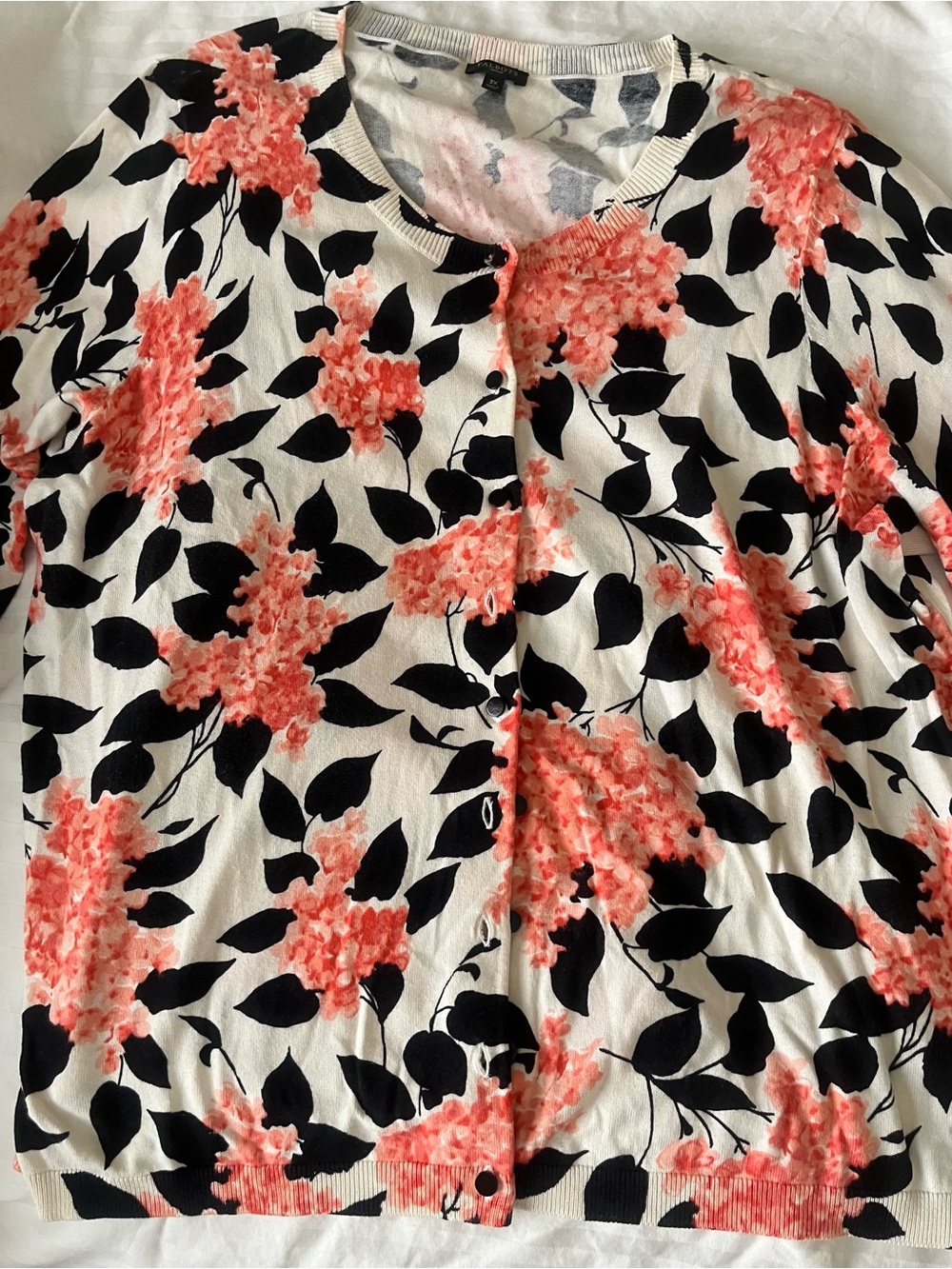 Talbots White Cardigan with Coral and Gray Floral Print
